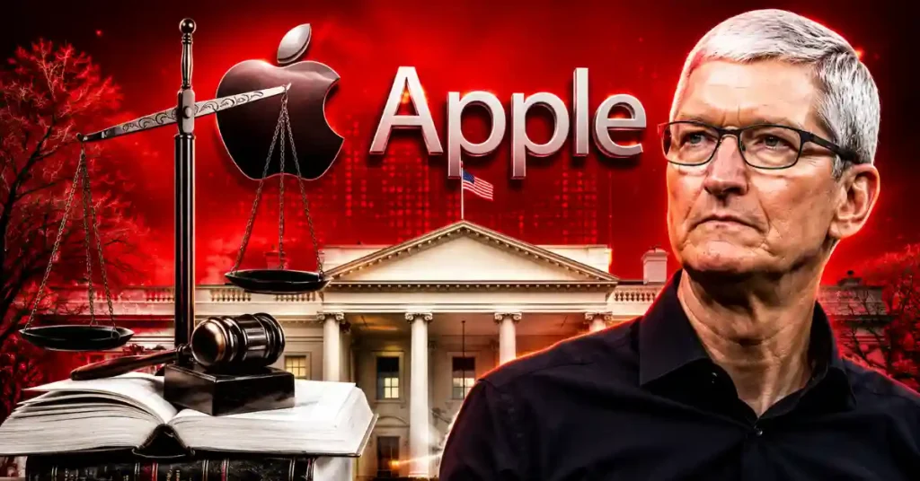 Tim Cook ao lado da balança da justiça, dos livros jurídicos e da Casa Branca.