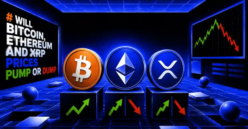 Moedas Bitcoin, Ethereum e XRP em pedestais com setas de bombeamento e despejo perto dos gráficos de mercado.