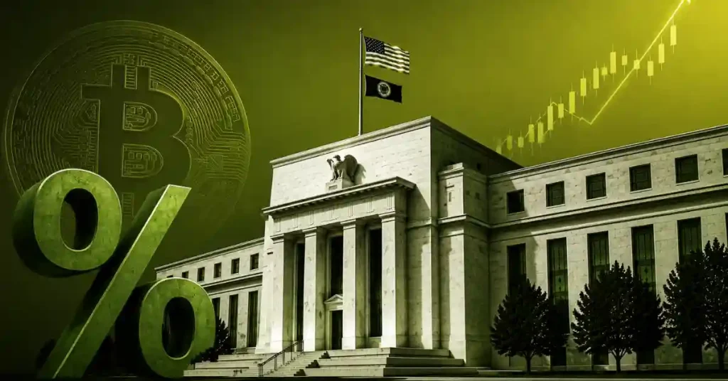 Edifício da Reserva Federal com símbolo de porcentagem verde e logotipo Bitcoin.