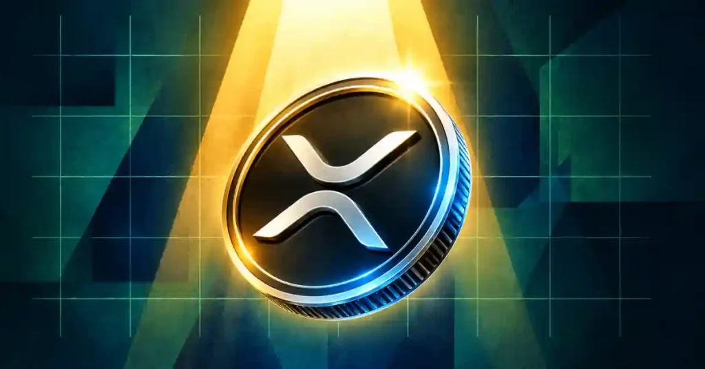 Moeda XRP brilhando em holofotes dourados sobre o fundo da grade.