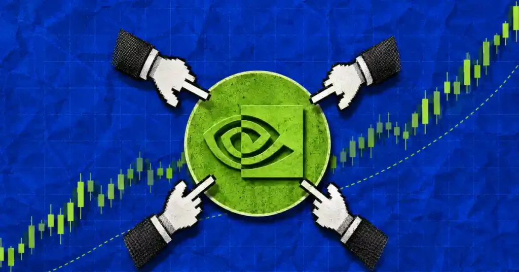 Quatro ponteiros pixelados apontando para o logotipo verde da NVIDIA sobre um gráfico de ações em alta.