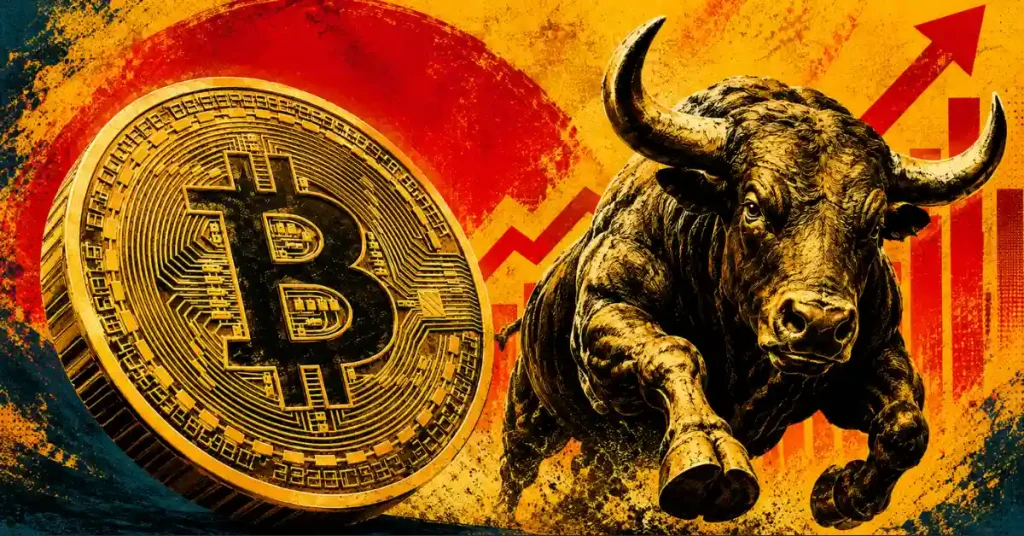 Moeda Bitcoin dourada ao lado de um touro em carga e gráfico de crescimento crescente.