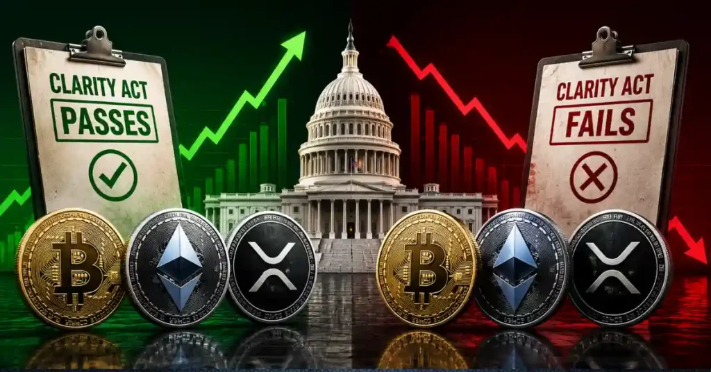 Como o Bitcoin, o Ethereum e o XRP reagirão se a Lei CLARITY for aprovada ou reprovada