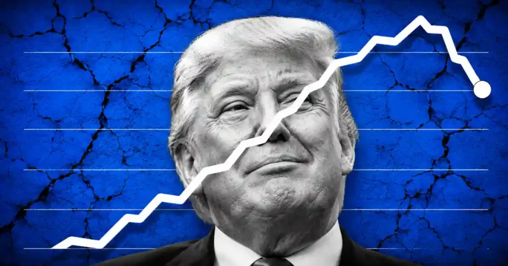 O retrato de Donald Trump sobreposto a um gráfico de ações voláteis em um fundo azul.