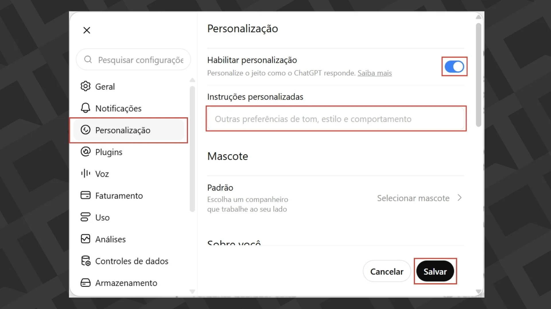 Instru&ccedil;&otilde;es personalizadas ChatGPT