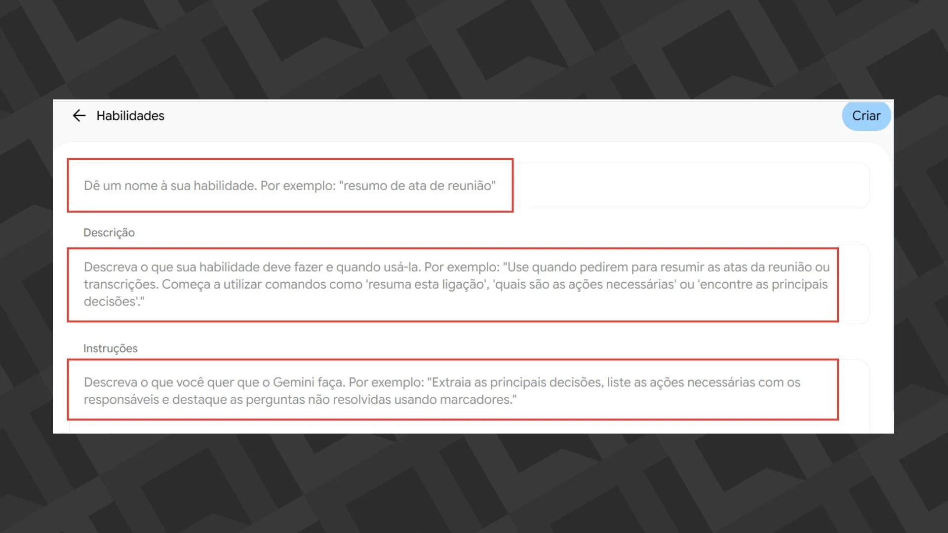 Editar informações da imagem Criar skill manualmente - Gemini