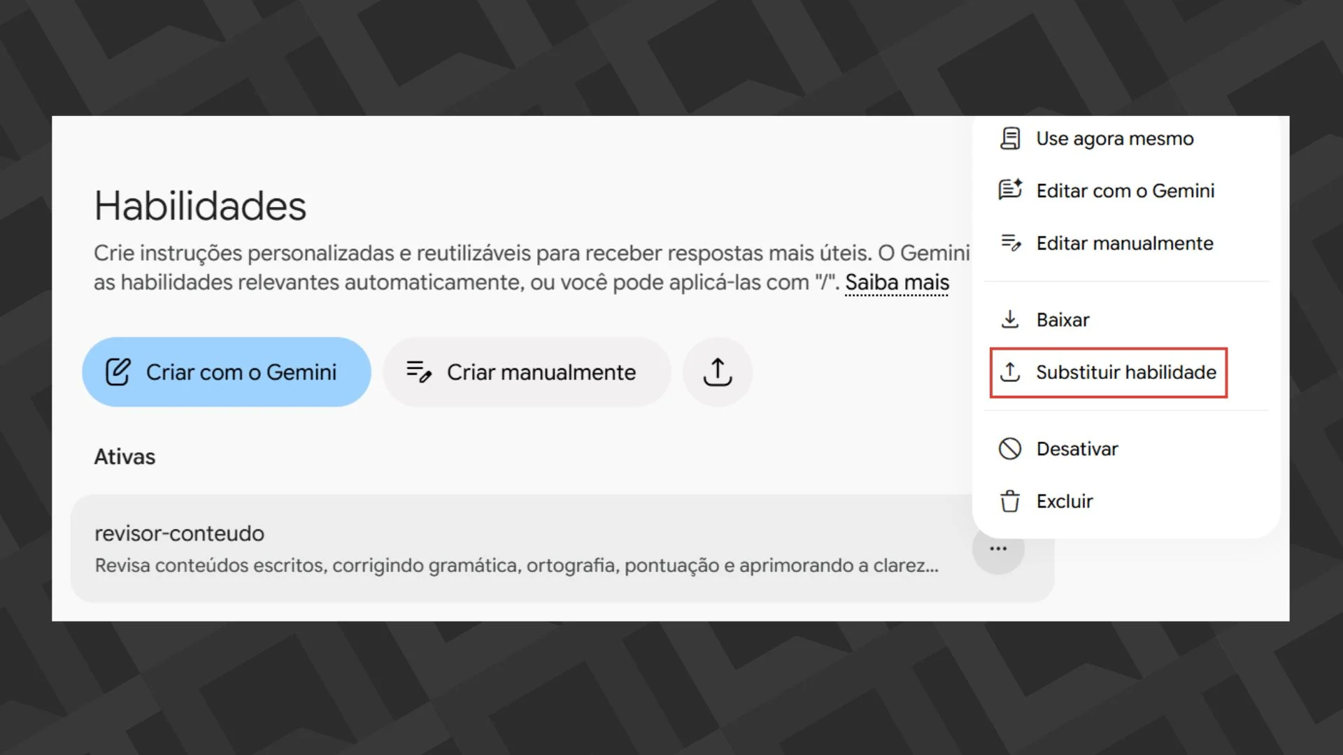 Editar informações da imagem Migrar Gem para Habilidades no Gemini