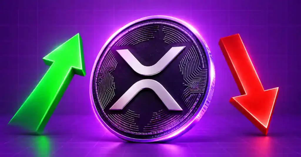 Moeda XRP flanqueada por uma seta verde para cima e uma seta vermelha para baixo.