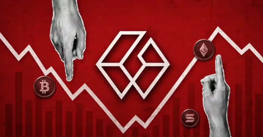 Logotipo em escala de cinza entre as mãos apontando para a queda do Bitcoin e a subida do Ethereum.