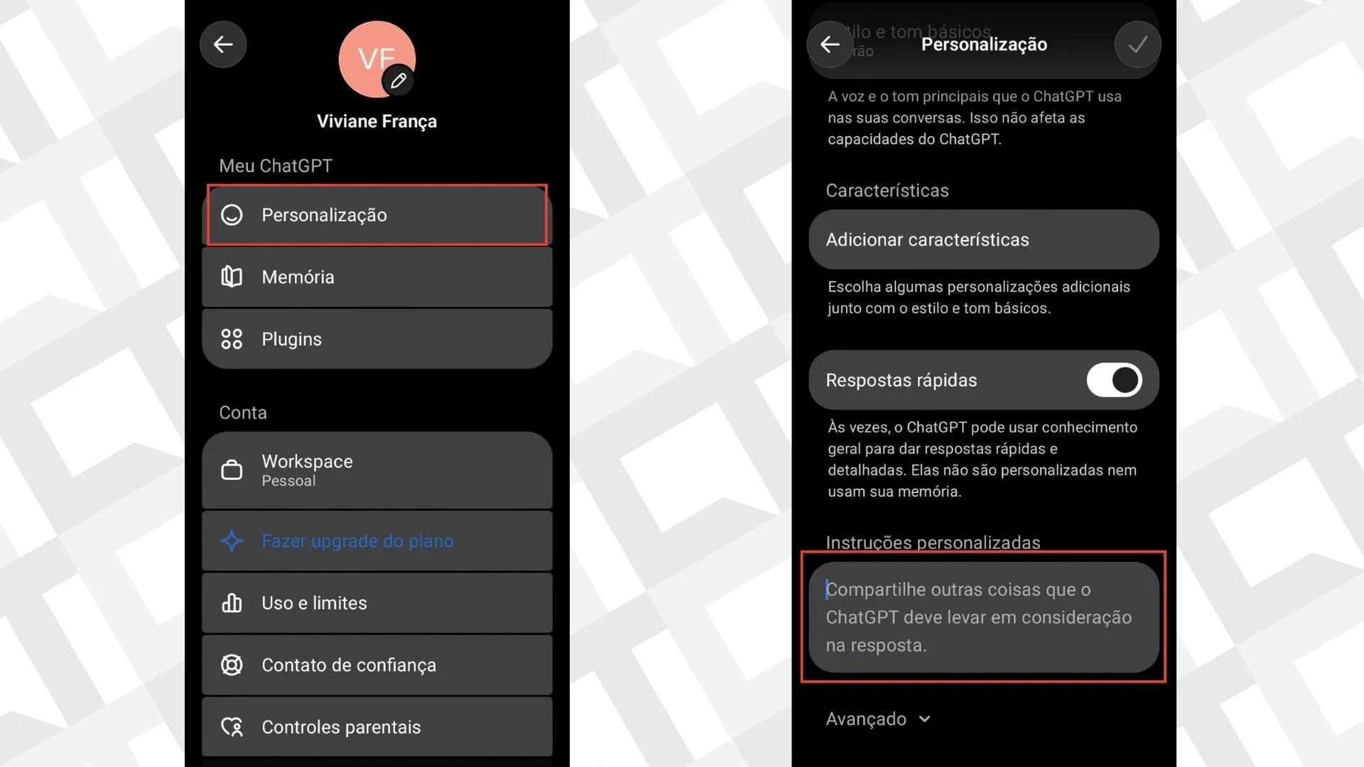 Instru&ccedil;&otilde;es personalizadas ChatGPT