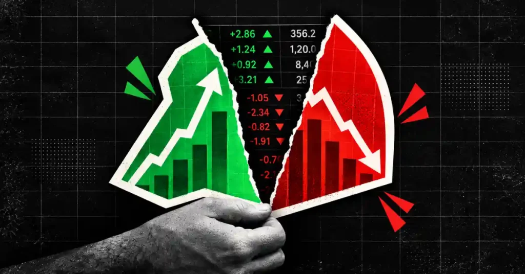 Mão segurando gráfico financeiro rasgado dividido entre crescimento verde e queda vermelha