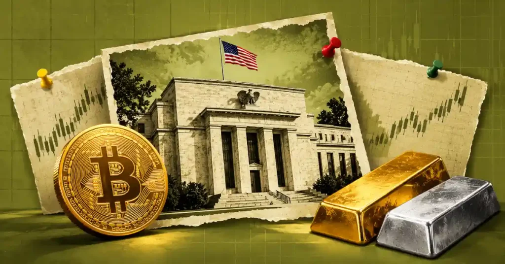 Moeda Bitcoin, barra de ouro e barra de prata fixadas no edifício da Reserva Federal dos EUA e nos gráficos de velas