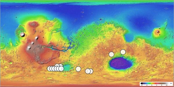 Mapa mostrando as origens potenciais do meteorito marciano Teghaza 001