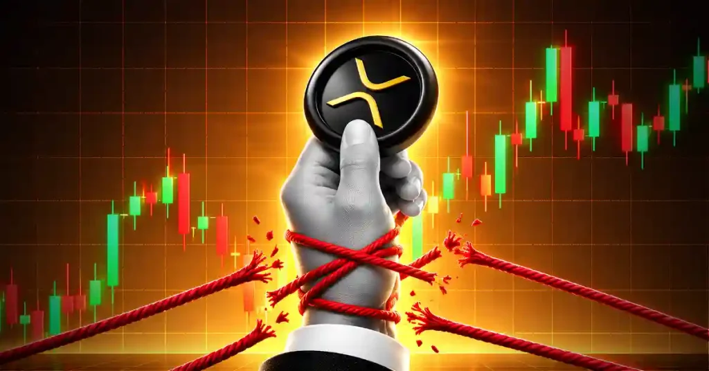 Mão segurando token XRP quebrando cordas vermelhas com gráfico de velas
