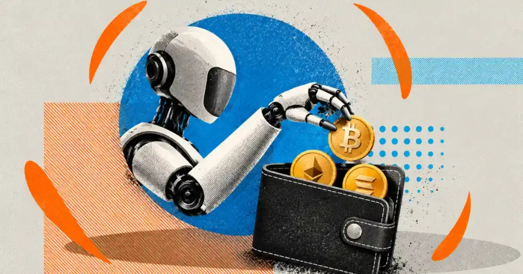 Mão robótica alcançando a carteira contendo moedas criptográficas Bitcoin, Ethereum e Solana