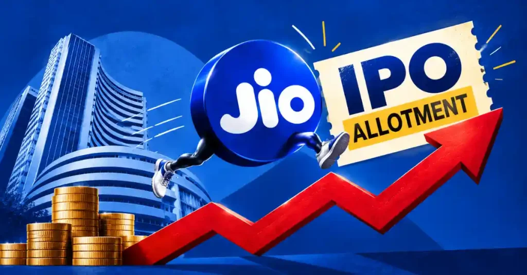 Personagem de bilhete de distribuição Jio IPO correndo ao longo de uma seta vermelha ascendente no gráfico perto do prédio da BSE