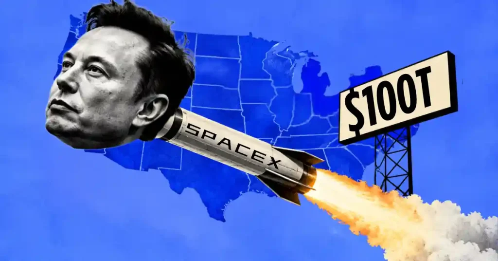 Elon Musk dirige foguete SpaceX apontando para mapa dos EUA com placa de US$ 100T